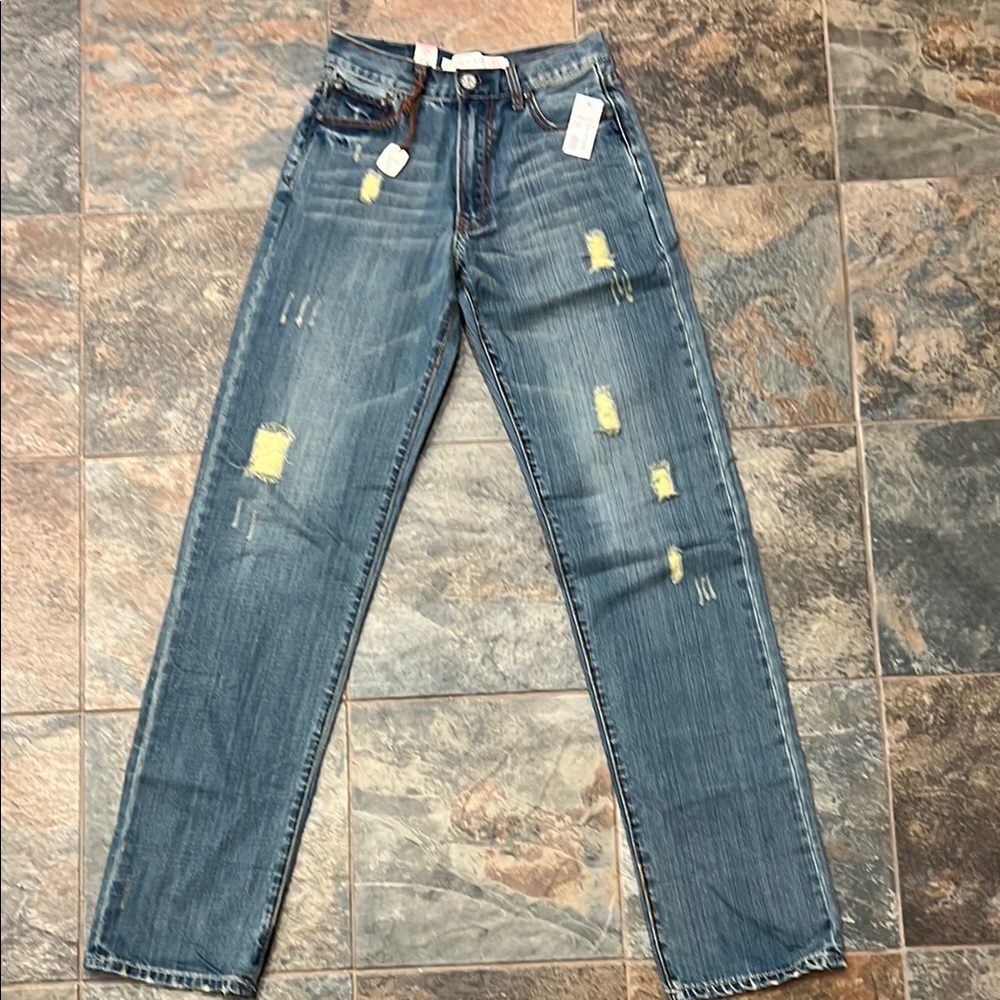 Tin Haul Blue and Yellow Straight Leg Jeans Distressed